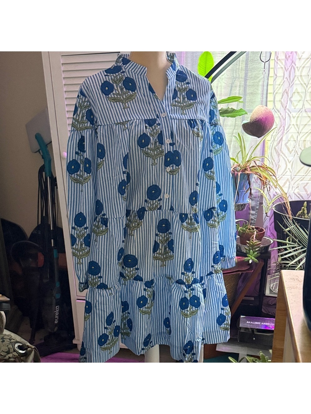 Floral Blue and White Striped Mini Dress